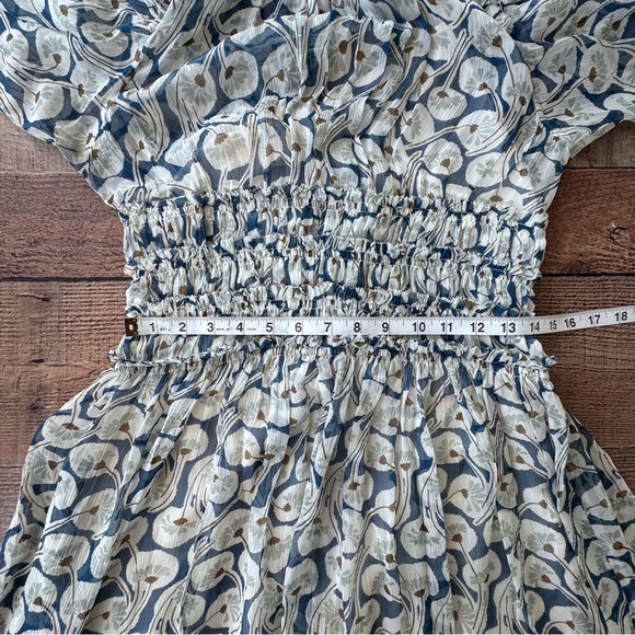 REBECCA TAYLOR Deco Fleur Silk Midi Dress Ruched High Neck Smock Waist Blue Sz 4 - Picture 10 of 14